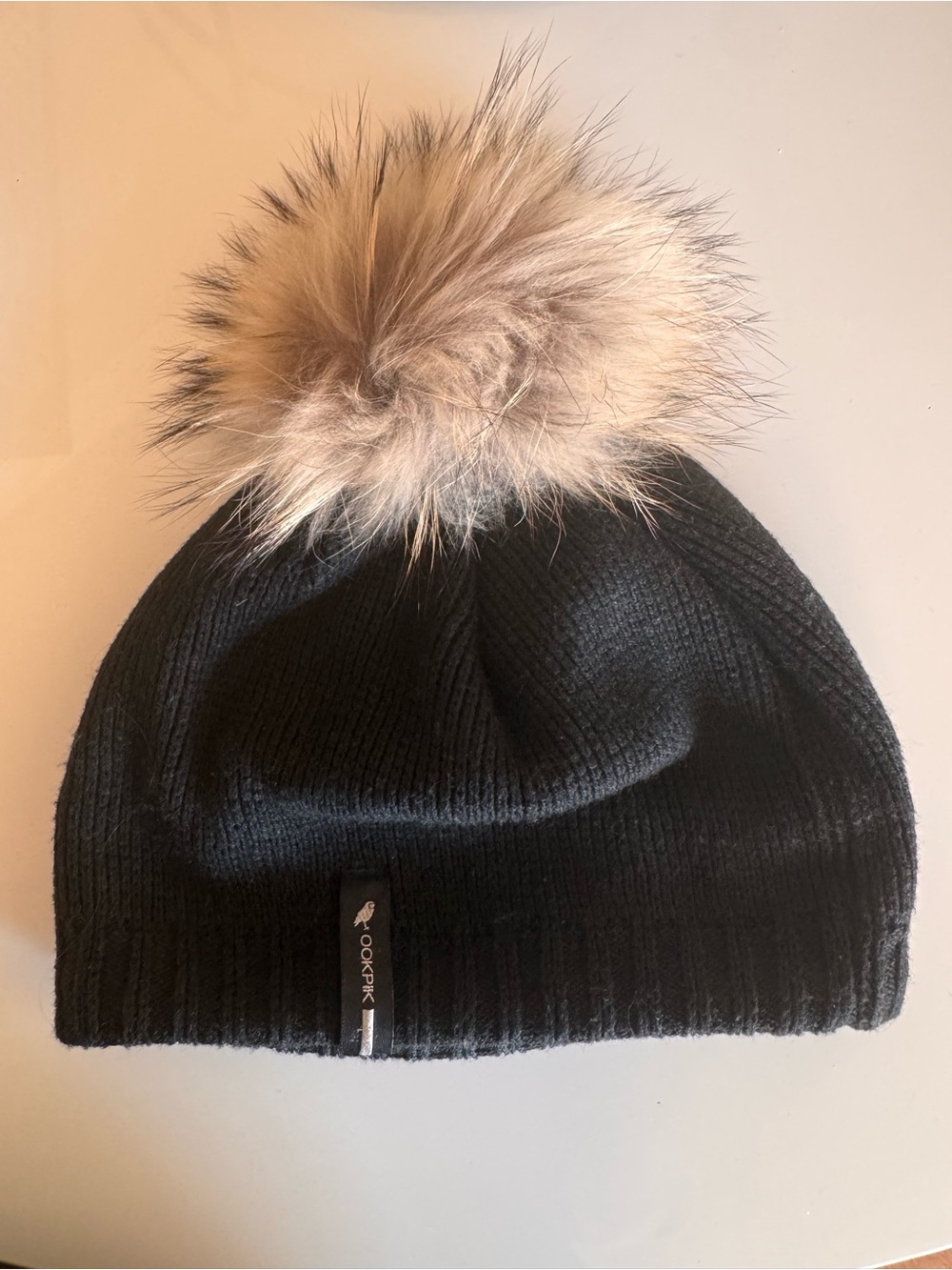 Black Knit Pom Beanie with Beige Faux Fur Pom